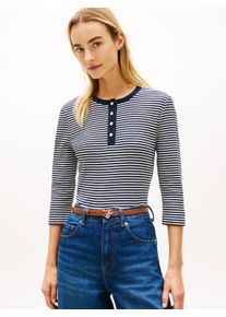 Langarmshirt Tommy Hilfiger "GOLD BUTTON SLIM HENLEY 3/4", Damen, Gr. XS (34), small brt stp schwarz night, ecru, Single Jersey, Obermaterial: 100% Baumwolle, gestreift, slim fit, Shirts Langarmshirt, Topseller