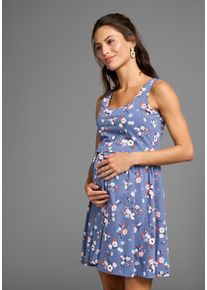 Umstandskleid Neun Monate "Kurzes Schwangerschafts-Shirtkleid, Minikleid", Damen, Gr. 44, N-Gr, blau (blau gebl&uuml;mt), Jersey, Obermaterial: 95% Baumwolle, 5% Elasthan, bedruckt, gebl&uuml;mt, Basic kurz, Rundhals, Kleider Umstandskleid, Blumenkleid mit Stillfunktion