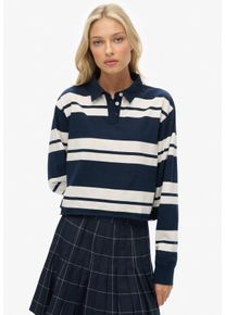 Langarm-Poloshirt Superdry "ATH ESS CROPPED STRIPE RUGBY", Damen, Gr. XS, richest navy stripe, Single Jersey, Obermaterial: 100% Baumwolle, gestreift, oversize normal, ohne Ausschnitt, Shirts Langarm-Poloshirt