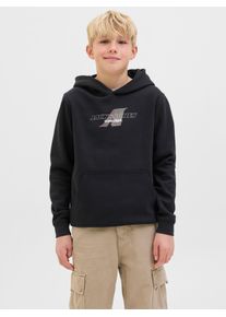 Jack & Jones Kapuzensweatshirt JACK & JONES JUNIOR "JCOTIER FRONT PRINT SWEAT HOOD JNR", Jungen, Gr. 140, schwarz, angeraute Sweatware, Obermaterial: 70% Baumwolle, 30% Polyester, bedruckt, relaxed fit, Rippb&uuml;ndchen, Sweatshirts Kapuzensweatshirt