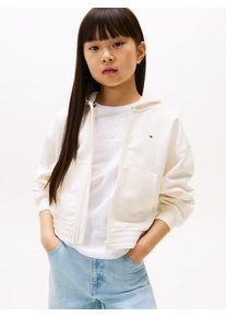 Kapuzensweatjacke Tommy Hilfiger "TOMMY PUFF PRINT ZIP THRU HOODIE", M&auml;dchen, Gr. 8 (128), beige (ivory silk), Sweatware, Obermaterial: 68% Baumwolle, 32% Polyester, unifarben, regular fit h&uuml;ftlang, Rundhals, B&uuml;ndchen, Sweatjacken Kapuzensweatjacke, f&uuml;r Kinder bis 16 Jahre, Druck auf der Kapuze
