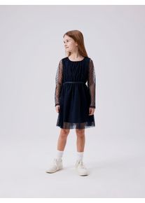 Minikleid name it "NKFVABOS LS DRESS NOOS", M&auml;dchen, Gr. 98, N-Gr, blau (schwarz sapphire), Web, Obermaterial: 100% Polyester, unifarben, tiefer Rundhals, Kleider Minikleid