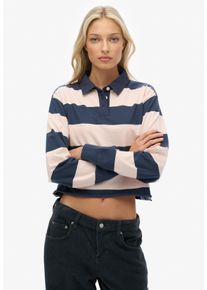 Langarm-Poloshirt Superdry "ATH ESS CROPPED STRIPE RUGBY", Damen, Gr. S, navy, pink stripe, Single Jersey, Obermaterial: 100% Baumwolle, gestreift, oversize normal, ohne Ausschnitt, Shirts Langarm-Poloshirt