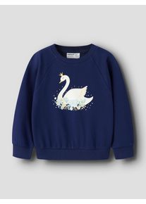 Sweatshirt name it "NMFVENUS LS NREG SWEAT BRU", M&auml;dchen, Gr. 116, beacon blau print:princess swan, Sweatware, Obermaterial: 100% Baumwolle, bedruckt, normal, Rundhals, Sweatshirts Sweatshirt