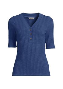 LANDS' END Rippstrick-Henleyshirt mit halblangen &Auml;rmeln, Damen,  Blau, Elasthan/Baumwoll-Mischung/Polyester-Mischung, by Lands' End