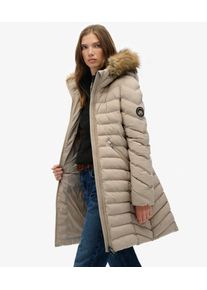 Superdry Damen Logo Abzeichen Fuji Kunstfell-Kapuzenjacke in Mittlerer L&auml;nge, Creme & Schwarz - Gr&ouml;&szlig;e: 44 20822185006397MO025