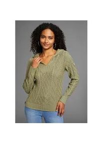 Kapuzenpullover Kangaroos, Damen, Gr. 44/46, gr&uuml;n (salbei), Strick, Obermaterial: 50% Baumwolle, 50% Polyacryl, figurumspielend h&uuml;ftlang, V-Ausschnitt, Rippb&uuml;ndchen, Pullover Kapuzenpullover, aus Zopfstrick, Topseller