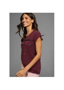 T-Shirt Laura Scott, Damen, Gr. 44, rot (bordeaux, rot), Single Jersey, Obermaterial: 95% Viskose, 5% Elasthan, Glitzerstreifen, gestreift, unifarben, figurumspielend h&uuml;ftlang, Rundhals, angeschnitten, Shirts T-Shirt, figurumspielende Passform, Rundhalsausschnitt