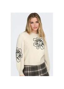 Strickpullover Only "ONLMAGNOLIA LS DETAIL PULLOVER KNT", Damen, Gr. M, wei&szlig;cap gray detail:schwarz lace ribbon, flower, Strick, Obermaterial: 51% Viskose, 26% Polyester, 23% Nylon, bestickt, normal, Rundhals, Pullover Strickpullover