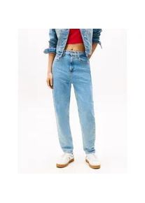 Tapered-fit-Jeans TOMMY JEANS "High waist - Mom-Jeans Tapered", Damen, Gr. 29, L&auml;nge 28, blau (denim light), Denim/Jeans, Obermaterial: 99% Baumwolle, 1% Elasthan, Abriebeffekte, Jeans, Mit Tommy Hilfiger Logo-Flag auf der Ges&auml;&szlig;tasche