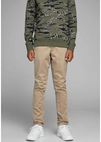 Jack & Jones Chinos JACK & JONES JUNIOR "JPSTMARCO bequem, elastisch, pflegeleicht", Jungen, Gr. 128, N-Gr, beige, Web, Obermaterial: 98% Baumwolle, 2% Elasthan, unifarben, slim fit kn&ouml;chellang, Hosen Chinos, unifarben, modisch, slim fit, Web, Topseller