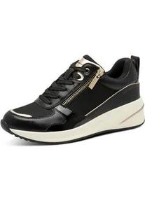 Keilsneaker Tamaris, Damen, Gr. 42, schwarz, gold, Lederimitat, Textil, gl&auml;nzend, unifarben mit Farbeinsatz, Schuhe, Schn&uuml;rschuh, Halbschuh, Freizeitschuh mit Au&szlig;enrei&szlig;verschluss