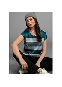 Shirtbluse Laura Scott, Damen, Gr. 42, blau (petrol, mint), Satin, Obermaterial: 100% Polyester. R&uuml;ckenteil: 95% Viskose, 5% Elasthan, gestreift, gl&auml;nzend, mehrfarbig, figurumspielend h&uuml;ftbedeckend, Rundhals, angeschnitten, Blusen, in modischem Streifen-Design