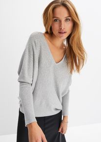 bonprix Feinstrickpullover mit Fledermaus&auml;rmeln und Strass-Applikation, grau, Gr.48/50 (XL), schicker Pullover mit edler Strass-Applikation