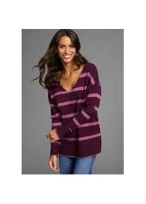 Streifenpullover Laura Scott, Damen, Gr. 48, lila (lila, gestreift), Strick, Obermaterial: 50% Viskose, 26% Polyamid, 24% Polyester, gestreift, mehrfarbig, l&auml;ssig geschnitten h&uuml;ftlang, V-Ausschnitt, &Auml;rmel ohne &Auml;rmelschlitz Strickkante, Pullover Streifenpullover, softer &Uuml;bergangsstrick mit V-Ausschnitt in l&auml;ssiger Passform