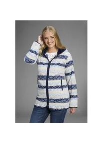 Fleecejacke Polarino, Damen, Gr. 58, wei&szlig; (blau, woll wei&szlig;), Fleece, Obermaterial: 100% Polyester. Kapuzenfutter: 100% Polyester, bedruckt, ethno, gemustert, kontrastfarbene Details, mehrfarbig, bequem Po-bedeckend, mit Paspel eingefasste Kante, Jacken Fleecejacke, Fleecejacke mit Print und Fellimitat in Kapuze
