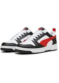Sneaker Puma "REBOUND V6 LOW", Damen, Gr. 42,5, wei&szlig; (Puma wei&szlig;, for all time rot, Puma schwarz), Synthetik, unifarben, Schuhe Sneaker, niedrig geschnitten, mit Schn&uuml;rverschluss, aus getrommeltem Leder