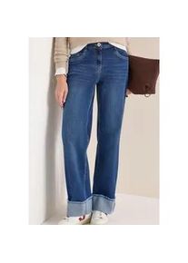 5-Pocket-Jeans Cecil "Style NEELE", Damen, Gr. 32, L&auml;nge 30, mid blau used wash, Denim/Jeans, Obermaterial: 69% Baumwolle, 29% Polyester, 2% Elasthan. Futter: 52% Polyester, 48% Baumwolle, unifarben, loose fit lang, Jeans 5-Pocket-Jeans, Wide Leg Washed-Look Jeans mit Aufschlag