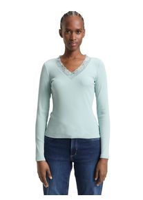 Langarmshirt Tom Tailor Denim, Damen, Gr. S, silber cloud blau, Rippware, Obermaterial: 93% Baumwolle, 7% Elasthan, unifarben, h&uuml;ftbedeckend, V-Ausschnitt, Shirts Langarmshirt, V-Ausschnitt mit Spitze