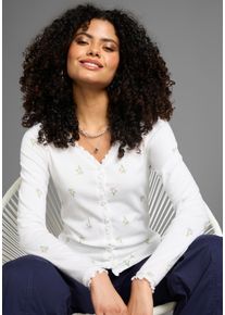 Langarmshirt Kangaroos, Damen, Gr. 44/46, bunt (wei&szlig;, bunt), Rippware, Obermaterial: 100% Baumwolle, bedruckt, gebl&uuml;mt, gemustert, figurbetont h&uuml;ftlang, V-Ausschnitt, Shirts Langarmshirt, mit Blumendruck und Knopfleiste, Topseller