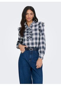 Langarmbluse Only "ONLFIGA L/S FLOUNCE TOP WVN", Damen, Gr. M, cloud dancer checks:night sky, Web, Obermaterial: 100% Baumwolle, kariert, regular fit h&uuml;ftlang, Blusen Langarmbluse