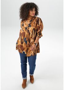 Longbluse ANISTON PLUS, Damen, Gr. 46, braun (beige, blau, braun), Web, Obermaterial: 100% Baumwolle, bedruckt, gemustert, l&auml;ssig geschnitten, V-Ausschnitt, 1-Knopf-Manschette, Blusen Longbluse, extravagant bedruckt im trendigen Farbverlauf