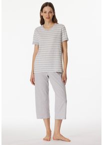 Schlafanzug Schiesser "Casual Essentials", Damen, Gr. 46, silber (210, silbergrau, meliert), Single Jersey, Obermaterial: 100% Baumwolle, regular fit 3/4-L&auml;nge, V-Ausschnitt, Homewear-Sets Schlafanzug, mit modisch umgeschlagenen &Auml;rmeln