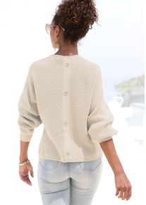 Rundhalspullover Lascana, Damen, Gr. 44/46, beige (creme), Strick, Obermaterial: 50% Viskose, 28% Polyester, 22% Polyamid, unifarben, figurumspielend h&uuml;ftlang, Rundhals, Fledermaus&auml;rmel, Pullover Rundhalspullover, mit Zierkn&ouml;pfen hinten, lockerer Strickpullover, Topseller
