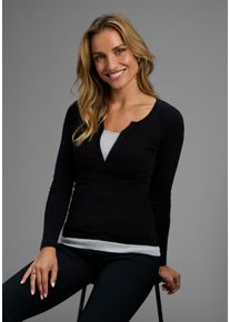 2-in-1-Langarmshirt Flashlights, Damen, Gr. 48/50, schwarz, Jersey, Obermaterial: 100% Baumwolle. Einsatz: 95% Baumwolle, 5% Viskose, unifarben mit Farbeinsatz, Basic, figurbetont h&uuml;ftbedeckend, Rundhals, Shirts 2-in-1-Langarmshirt, figurbetonte Passform, Rundhalsausschnitt, elastisches Material