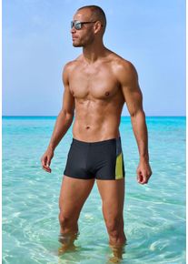 H.I.S. Boxer-Badehose H.I.S, Herren, Gr. 7, N-Gr, schwarz (schwarz, gelb), Recycling-Polyamid, unifarben mit Farbeins&auml;tzen, Badehosen Boxer-Badehose, im Colorblocking-Design, Topseller