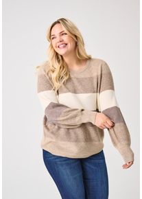 Strickpullover Only CARMAKOMA "CARNEW DARIA L/S STRIPE PULLOVER KNT", Damen, Gr. M, feather gray stripes:beige, wei&szlig;cap gray, leafless tree, Strick, Obermaterial: 50% Viskose, 27% Polyester, 23% Nylon, gestreift, h&uuml;ftbedeckend, Rundhals, Pullover Strickpullover