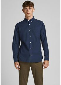 Jack & Jones Langarmhemd JACK & JONES "BROOK OXFORD", Herren, Gr. L, N-Gr, blau (navy), Web, Obermaterial: 96% Baumwolle, 4% Elasthan, gemustert, slim fit, 1-Knopf-Manschette, Hemden Langarmhemd, mit Button-Down Kragen