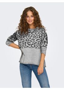 Rundhalspullover Only "ONLJADE ANIMAL LS O-NECK NOOS KNT", Damen, Gr. L, grau (light grau melange pattern:leo, dunkelgrau melange), Strick, Obermaterial: 81% Polyacryl, 19% Polyester, gemustert, regular fit normal, Rundhals, Rippstrickb&uuml;ndchen, Pullover Rundhalspullover, Kunstfaser, regular fit