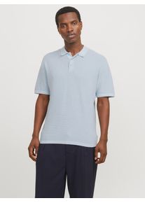 Jack & Jones Kurzarmpullover JACK & JONES "JJEGEORGE KNIT POLO SS SN", Herren, Gr. L, blau (chambray blau detail:with cloud dancer), Strick, Obermaterial: 85% Baumwolle, 15% Polyester, unifarben, relaxed fit taillenbedeckt, ohne Ausschnitt, B&uuml;ndchen, Pullover Kurzarmpullover, mit Polo Kragen