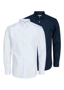 Jack & Jones Langarmhemd JACK & JONES "JJJOE SHIRT LS 2 PACK MP", Herren, Gr. XXL, N-Gr, wei&szlig; (navy blazer detail:pack w wei&szlig;, slim), Web, Obermaterial: 65% Polyester, 35% Baumwolle, unifarben, slim fit normal, Hemden Langarmhemd