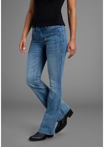 Bootcut-Jeans Arizona "mit Keileins&auml;tzen", Damen, Gr. 46, N-Gr, blau (mid blau use), Denim/Jeans, Obermaterial: 76% Baumwolle, 16% Polyester, 7% Viskose, 1% Elasthan, Basic, eng lang, Jeans Bootcut-Jeans, ausgestellte Beinform, niedrige Leibh&ouml;he, elastisches Material, Topseller