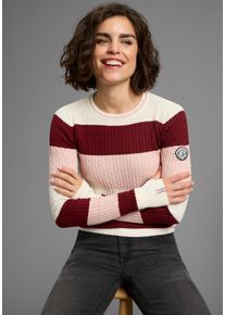 Rundhalspullover Kangaroos, Damen, Gr. 40/42, bordeaux, Rippstrick, Obermaterial: 50% Baumwolle, 50% Polyacryl, kontrastfarbene Details, figurbetont h&uuml;ftbedeckend, Rundhals, Rippb&uuml;ndchen mit Daumenl&ouml;chern, Pullover Rundhalspullover, mit modischen Blockstreifen & trendigem Strickmuster, Topseller