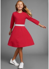Skaterkleid Kidsworld "mit Glitzerband", M&auml;dchen, Gr. 152/158, N-Gr, rot, Jersey, Obermaterial: 95% Baumwolle, 5% Elasthan, unifarben mit Farbeinsatz, ausgestellt kniefrei, Rundhals, abgesteppte Kante, Kleider Skaterkleid, festlich, kniefrei, 3/4-&Auml;rmel, aus Baumwollmischung, Topseller
