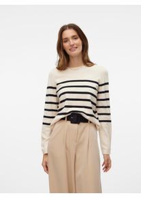 V&eacute;ro Moda Rundhalspullover VERO MODA "VMSABA PLAIN LS O-NECK PULLOVER GA NOOS", Damen, Gr. L, schwarz (birch stripes:schwarz), Strick, Obermaterial: 50% Viskose, 28% Polyester, 22% Nylon, gestreift, normal, Rundhals, Rippstrickb&uuml;ndchen, Pullover Rundhalspullover