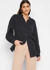 Langarmbluse bonprix "Musselin-Longbluse aus Baumwolle", Damen, Gr. 54, schwarz, Obermaterial: 100% Baumwolle, oversize, Blusen Langarmbluse, Oversize-Passform, mit Seitenschlitzen, aus Musselin