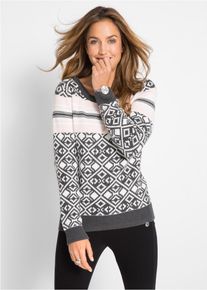 Norwegerpullover bonprix, Damen, Gr. 44/46 (L), grau (anthrazit meliert graphisch bedruckt), Strick, Obermaterial: 100% Baumwolle, gemustert, schmal normal, U-Boot-Ausschnitt, Rippb&uuml;ndchen, Pullover Norwegerpullover, aus reiner Baumwolle, mit klassischem Norwegermuster