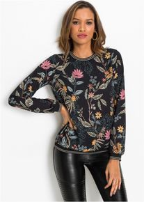 Langarmbluse bonprix, Damen, Gr. 32, schwarz (schwarz floral), Obermaterial: 100% Polyester. Einsatz: 97% Polyester, 3% metallisierte Fasern, loose fit, Blusen Langarmbluse, lockere Passform, aus Polyester, eleganter Stil