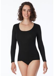 T-Shirt Schiesser "Luxury", Damen, Gr. 46, schwarz, Feinripp, Obermaterial: 100% Baumwolle, figurbetont h&uuml;ftbedeckend, Rundhals, Shirts T-Shirt, runder, dezent schimmernder Halsausschnitt, lang&auml;rmelig