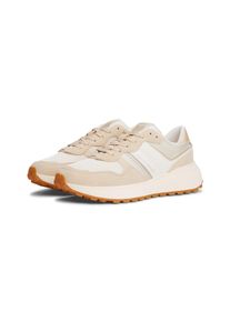 Plateausneaker Tommy Jeans "TJW CLEATED RUNNER", Damen, Gr. 40, beige (wei&szlig;, beige, rose), Leder, Veloursleder, Schuhe Plateausneaker, Freizeitschuh, Halbschuh, Schn&uuml;rer mit Kontrastbesatz