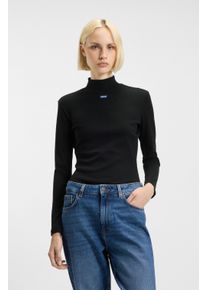 Longsleeve HUGO BLUE "Easy Longsleeve", Damen, Gr. XXL, schwarz, Single Jersey, Obermaterial: 96% Baumwolle, 4% Elasthan, unifarben, k&ouml;rpernah normal, hoch geschlossener Ausschnitt, abgesteppte Kante, Shirts Longsleeve, mit Stehkragen