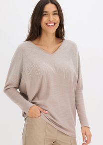 bonprix Feinstrickpullover mit Fledermaus&auml;rmeln und Strass-Applikation, grau, Gr.36/38 (S), schicker Pullover mit edler Strass-Applikation