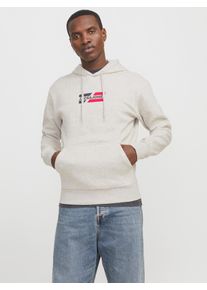 Jack & Jones Kapuzensweatshirt JACK & JONES "JJECORP GRAPHIC SWEAT HOOD NOOS", Herren, Gr. S, wei&szlig; (wei&szlig; melange detail:01), angeraute Sweatware, Obermaterial: 70% Baumwolle, 30% Polyester, bedruckt, meliert, relaxed fit taillenbedeckt, ohne Ausschnitt, Rippb&uuml;ndchen, Sweatshirts Kapuzensweatshirt, mit Logo Print