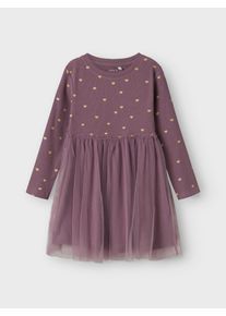 T&uuml;llkleid name it "NMFNADJA LS DRESS NOOS", M&auml;dchen, Gr. 92, N-Gr, lila (arctic dusk), Jersey, Obermaterial: 95% Baumwolle, 5% Elasthan, bedruckt, regular fit, Rundhals, Kleider T&uuml;llkleid