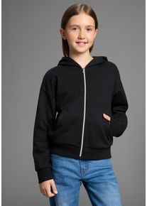 Kapuzensweatjacke Kidsworld "L&auml;ssige Sweatjacke mit kleinem Logo", M&auml;dchen, Gr. 128/134, schwarz, angeraute Sweatware, Obermaterial: 60% Baumwolle, 40% Polyester. Kapuzenfutter: 100% Baumwolle, bestickt, bequem h&uuml;ftlang, Rippb&uuml;ndchen, Sweatjacken Kapuzensweatjacke, Lockere Form, Topseller