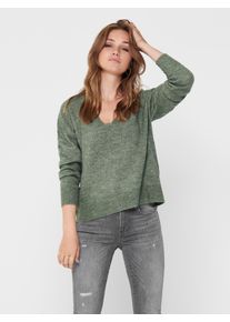 Jacqueline de Yong V-Ausschnitt-Pullover JDY "JDYELANORA L/S V-NECK PULLO. KNT NOOS", Damen, Gr. M, gr&uuml;n (kalamata detail:melange), Strick, Obermaterial: 74% Polyacryl, 20% Nylon, 6% Elasthan, meliert, unifarben, figurumspielend h&uuml;ftlang, tiefer V-Ausschnitt, Rippb&uuml;ndchen, Pullover V-Ausschnitt-Pullover, mit leicht &uuml;berschnittenen Schultern